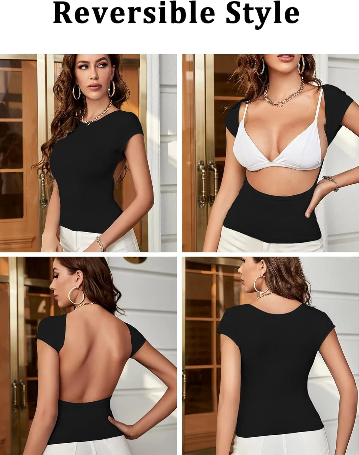ForeFair Women Sexy Backless Short Sleeve Slim Fit Crewneck Summer Casual Y2K Crop Tee