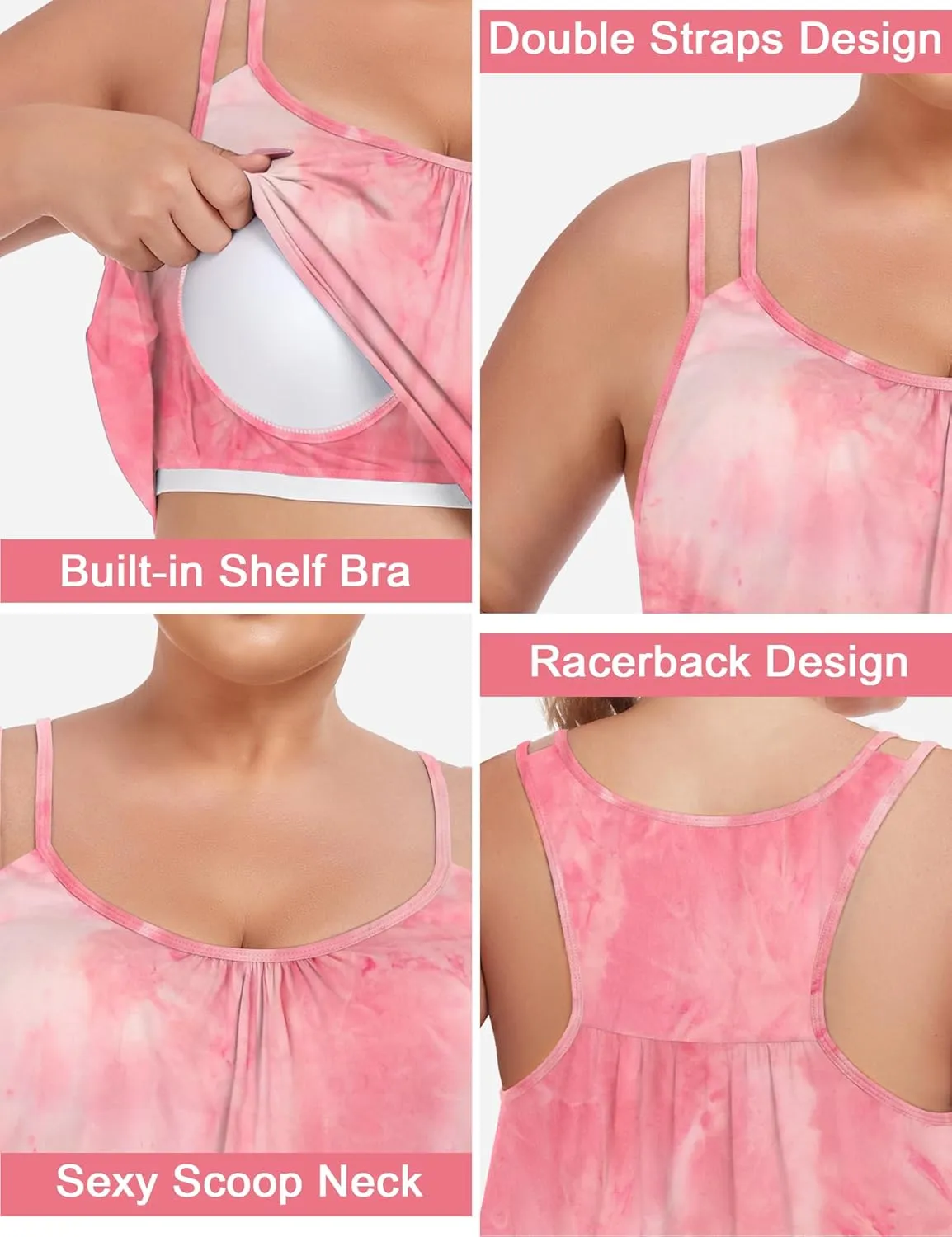 FOREYOND Women's Plus Size Tank Tops with Built in Bra Flowy Racerback Camisole Tops Casual Loose Pleated Summer Shirts