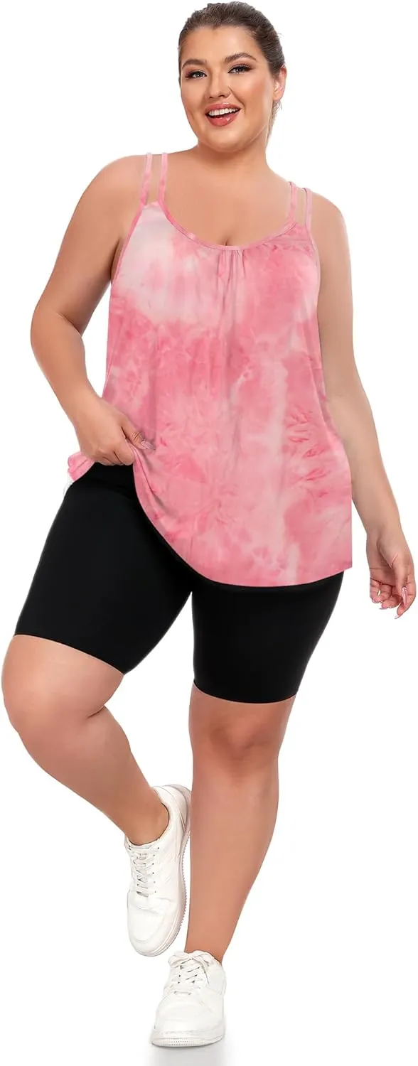 FOREYOND Women's Plus Size Tank Tops with Built in Bra Flowy Racerback Camisole Tops Casual Loose Pleated Summer Shirts
