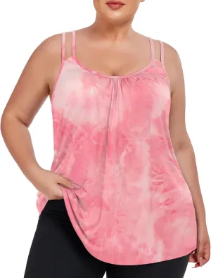 FOREYOND Women's Plus Size Tank Tops with Built in Bra Flowy Racerback Camisole Tops Casual Loose Pleated Summer Shirts