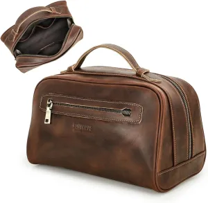 Full Grain Leather Travel Toiletry Bag for Men Wash Bag Bathroom Shaving Dopp Kit Toiletries Organizer Vintage Cosmetic Bag