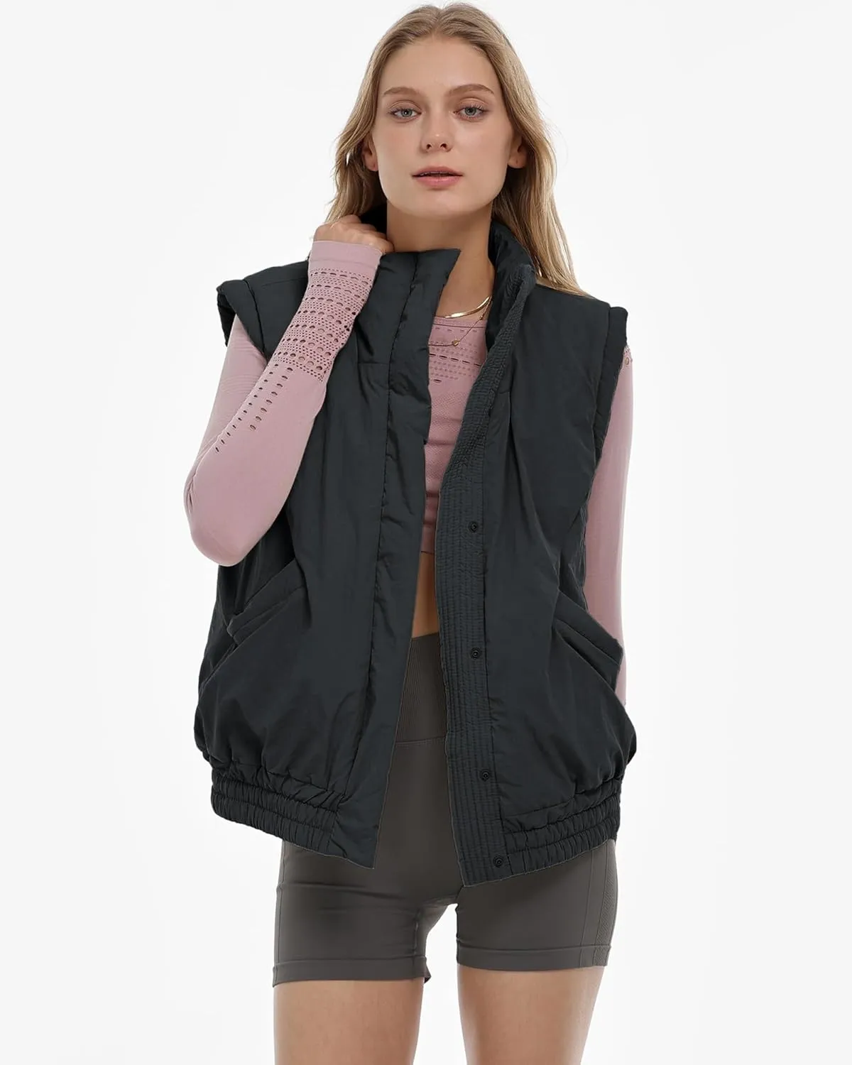 Gacaky Women's Winter Cropped Puffer Vest Lightweight Button-Down Stand Collar Sleeveless Padded Crop Puffy Vests Outerwear
