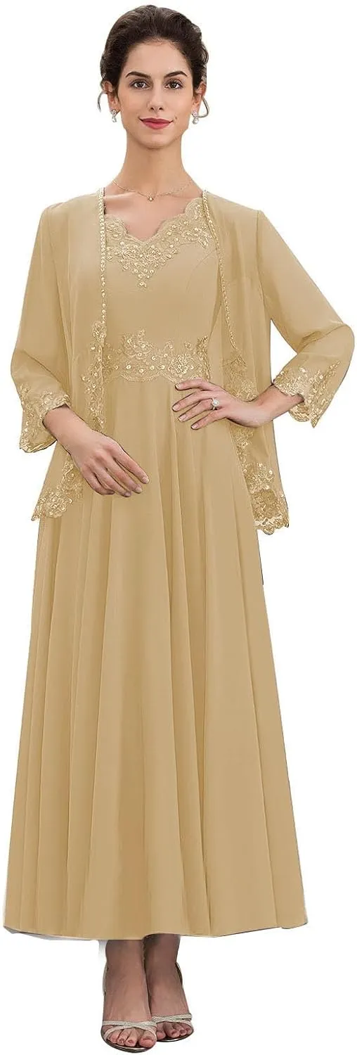 GARDOM Appliques 2 Pieces Mother of The Bride Dresses with Jackets Long Sleeve Tea Length Mother Groom Dress Wedding 2024