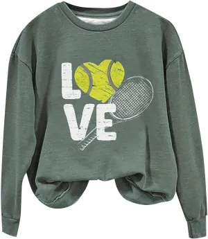 Graphic Sweatshirts for Women LOVE Tennis Long Sleeve Crew Neck Comfort Sweatshirt Aesthetic Going out Pullover Tops
