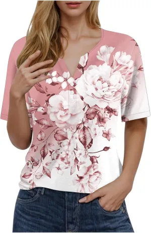 Graphic Tees for Women Vintage Floral Print Short Sleeve Button Down Shirts Casual Loose Boho Tops Bohemian Clothes