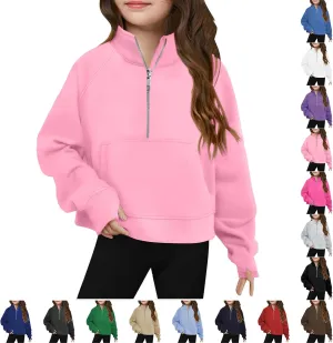 Half Zip Crop Sweatshirt For Girls Long Sleeve Pullover Tops Kids Lightweight Fleece Winter Clothes 5-13 Years
