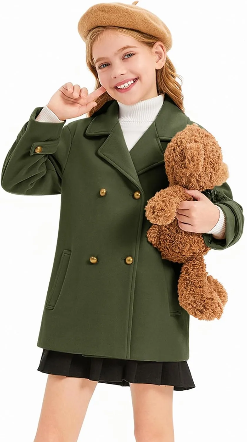 Haloumoning Girls Peacoat Winter Dress Coat Double Breasted Kids Notch Lapel Fall Outerwear Jackets with Pockets 3-10 Years