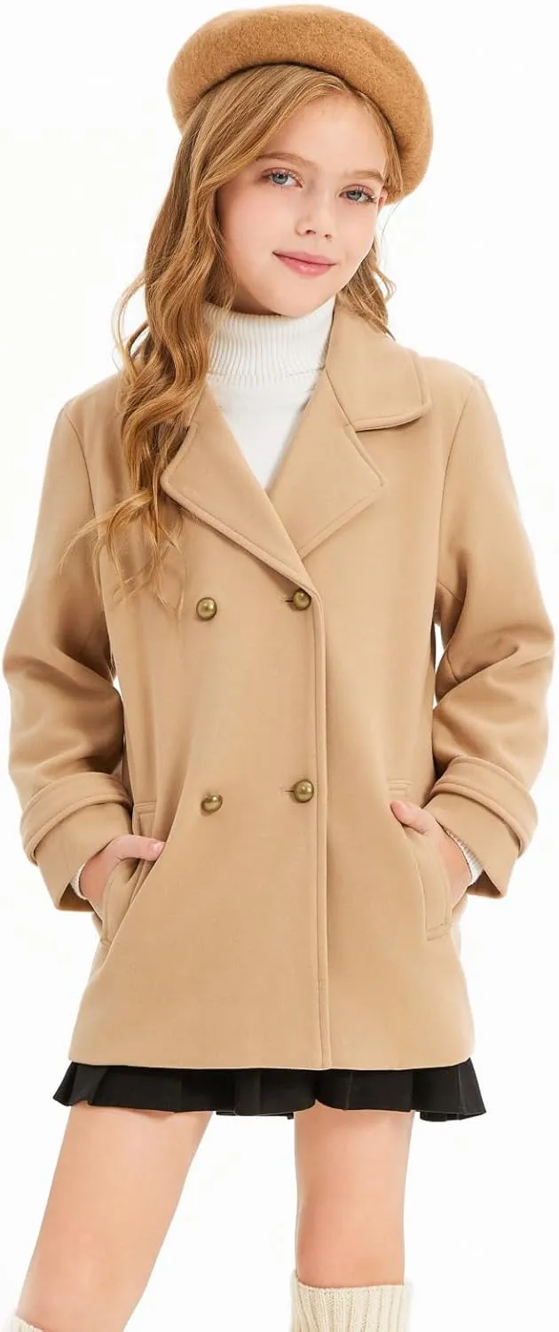 Haloumoning Girls Peacoat Winter Dress Coat Double Breasted Kids Notch Lapel Fall Outerwear Jackets with Pockets 3-10 Years