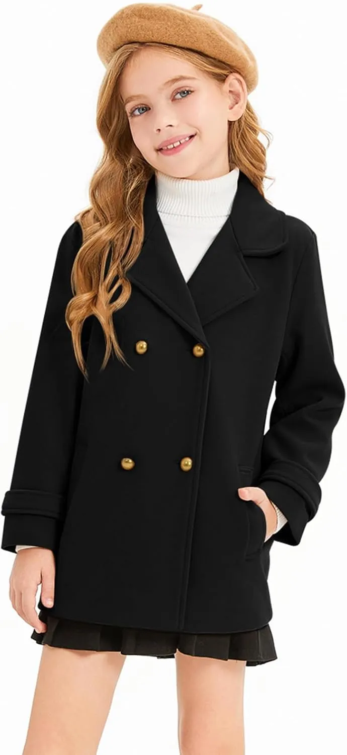 Haloumoning Girls Peacoat Winter Dress Coat Double Breasted Kids Notch Lapel Fall Outerwear Jackets with Pockets 3-10 Years