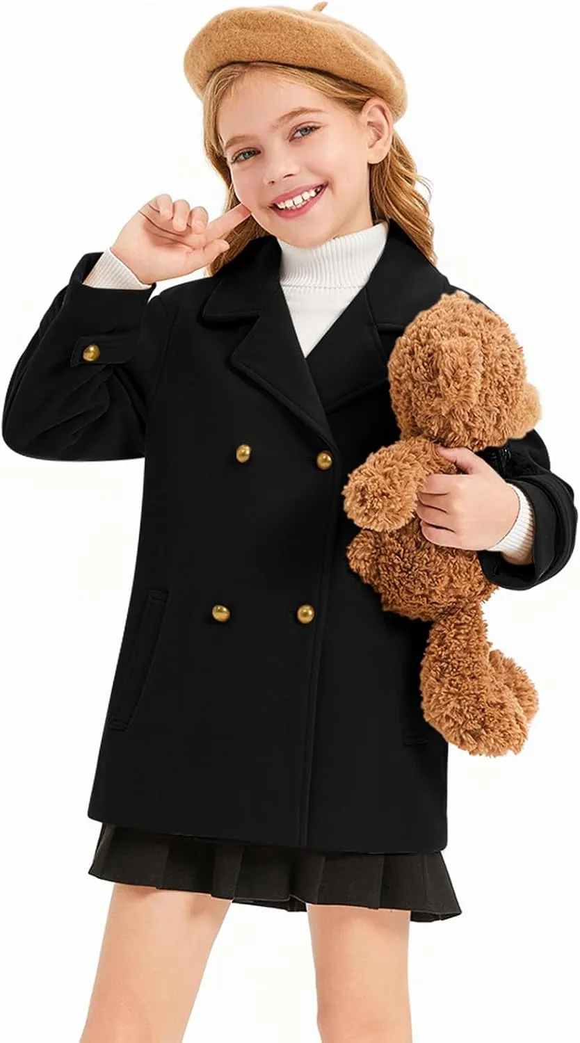 Haloumoning Girls Peacoat Winter Dress Coat Double Breasted Kids Notch Lapel Fall Outerwear Jackets with Pockets 3-10 Years