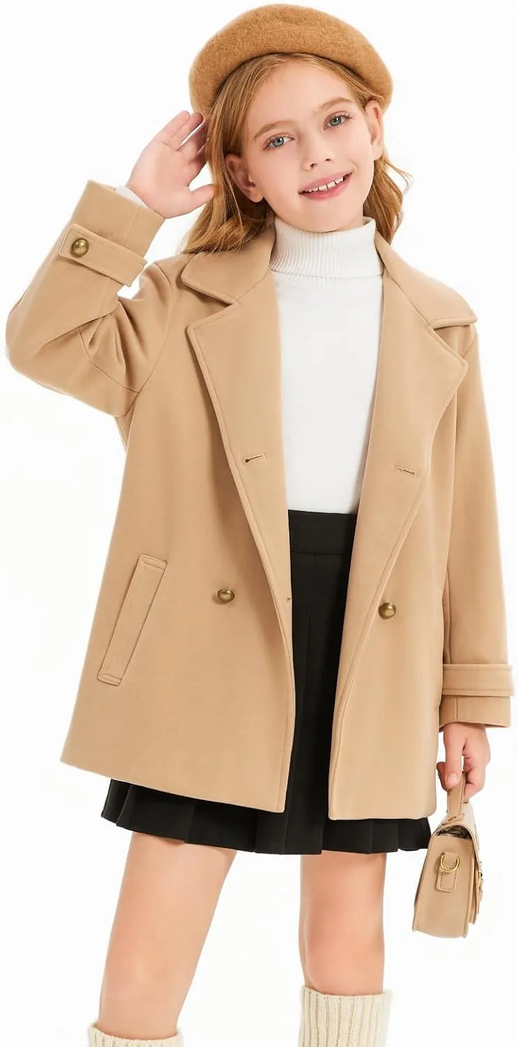 Haloumoning Girls Peacoat Winter Dress Coat Double Breasted Kids Notch Lapel Fall Outerwear Jackets with Pockets 3-10 Years