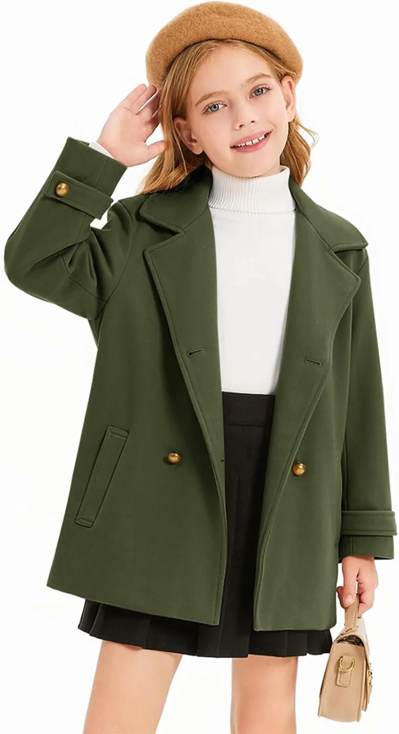 Haloumoning Girls Peacoat Winter Dress Coat Double Breasted Kids Notch Lapel Fall Outerwear Jackets with Pockets 3-10 Years