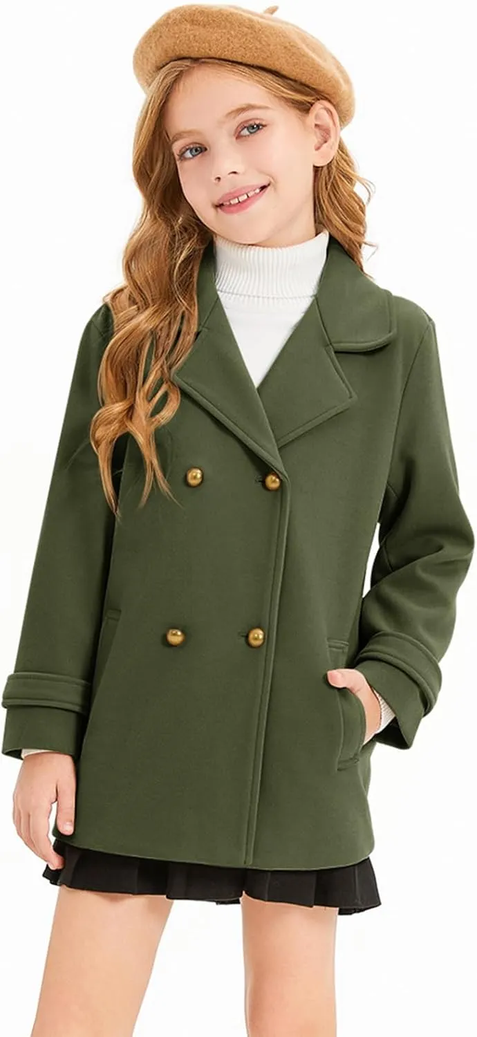 Haloumoning Girls Peacoat Winter Dress Coat Double Breasted Kids Notch Lapel Fall Outerwear Jackets with Pockets 3-10 Years