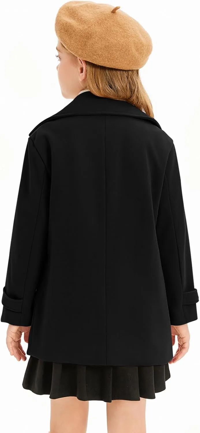 Haloumoning Girls Peacoat Winter Dress Coat Double Breasted Kids Notch Lapel Fall Outerwear Jackets with Pockets 3-10 Years