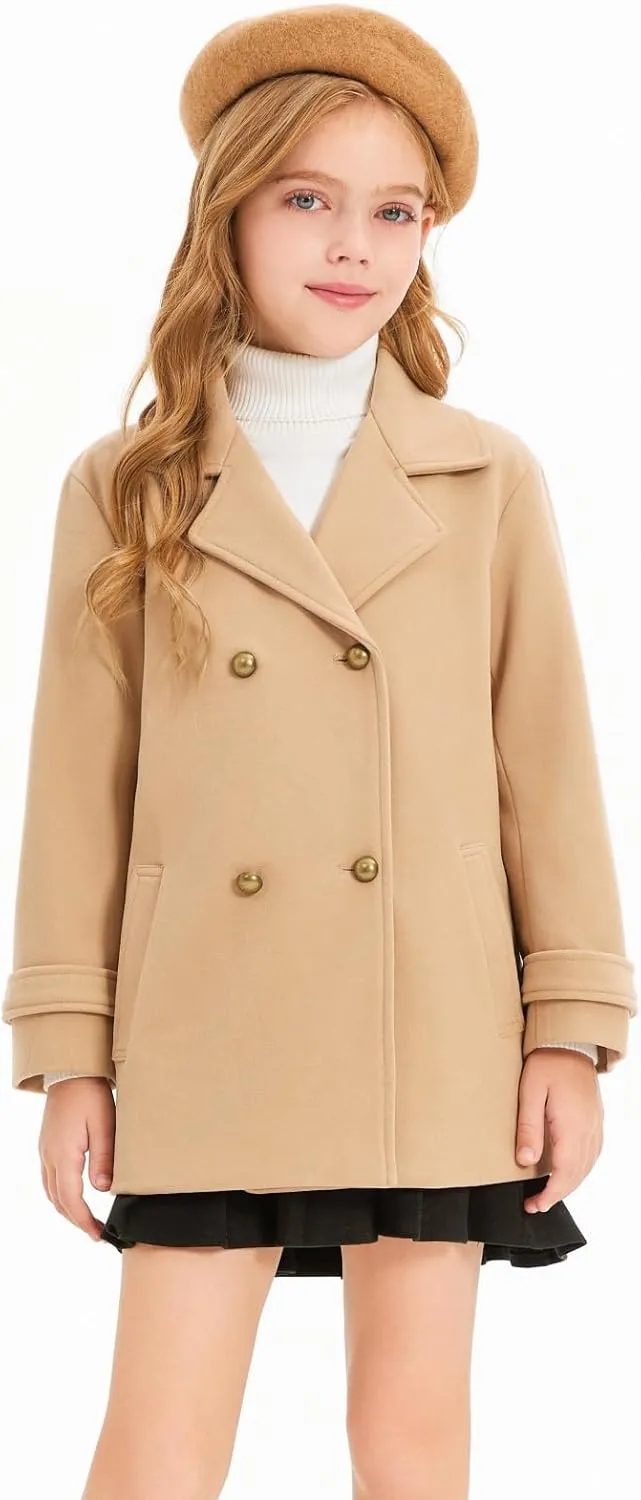 Haloumoning Girls Peacoat Winter Dress Coat Double Breasted Kids Notch Lapel Fall Outerwear Jackets with Pockets 3-10 Years
