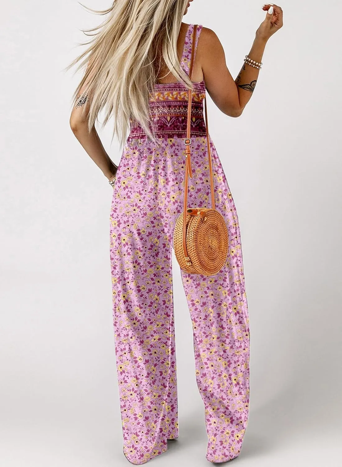 Happy Sailed Jumpsuits for Women Summer Casual Floral Print Sleeveless Jumpsuit High Waist Wide Leg Pants Romper with Pockets