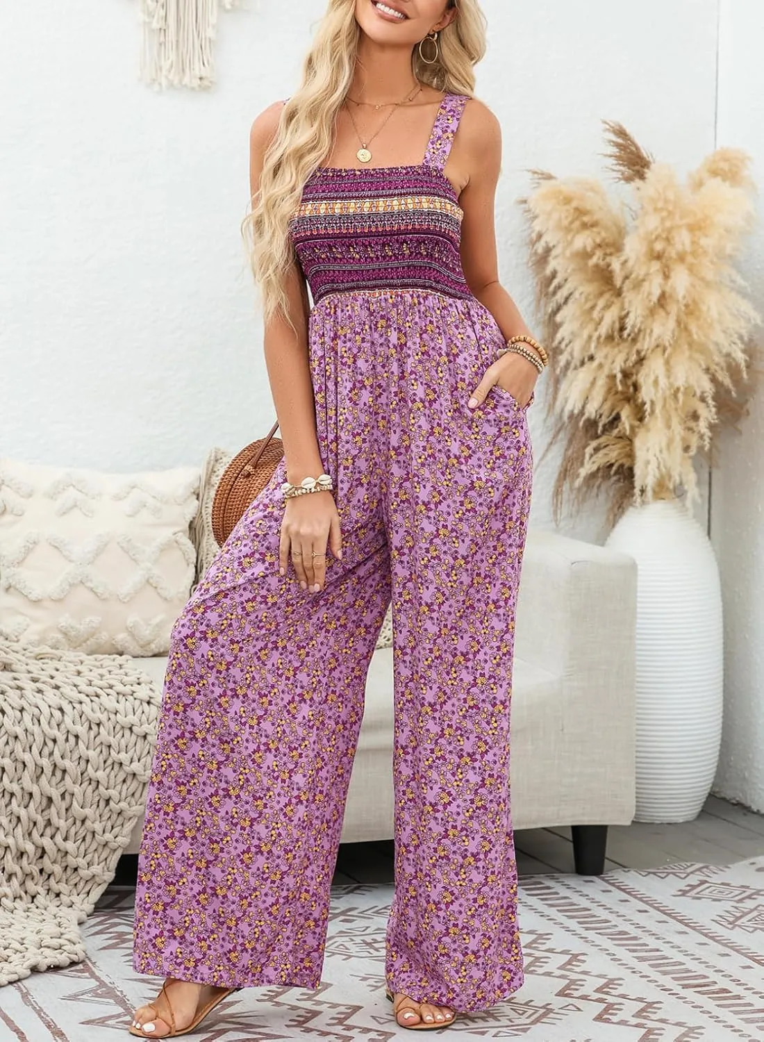 Happy Sailed Jumpsuits for Women Summer Casual Floral Print Sleeveless Jumpsuit High Waist Wide Leg Pants Romper with Pockets