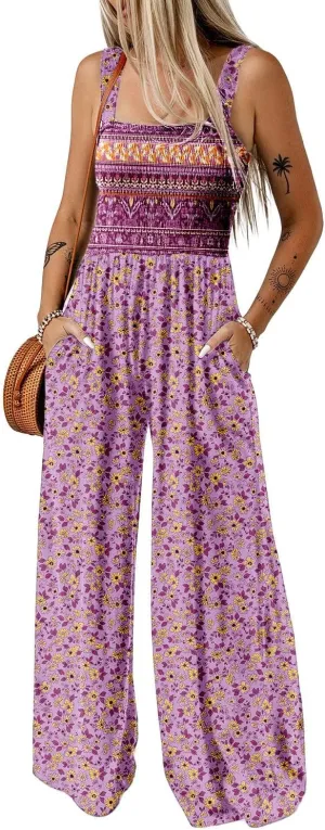 Happy Sailed Jumpsuits for Women Summer Casual Floral Print Sleeveless Jumpsuit High Waist Wide Leg Pants Romper with Pockets