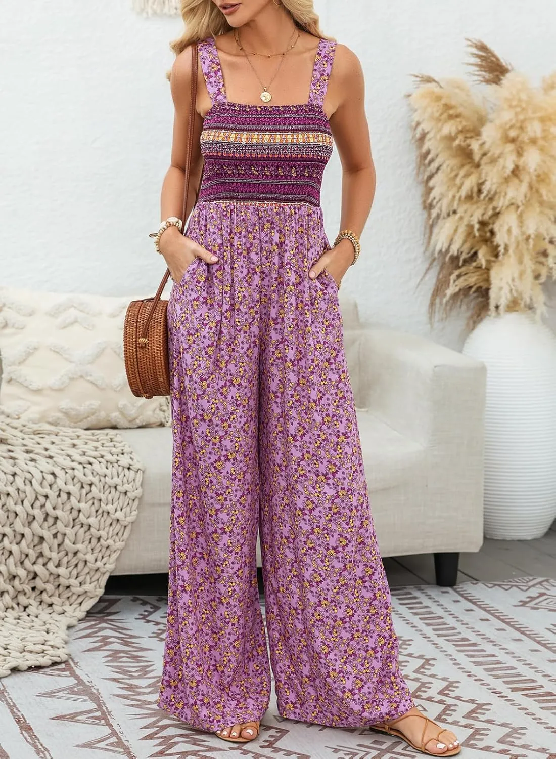 Happy Sailed Jumpsuits for Women Summer Casual Floral Print Sleeveless Jumpsuit High Waist Wide Leg Pants Romper with Pockets
