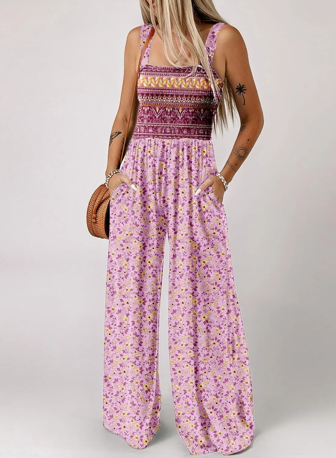 Happy Sailed Jumpsuits for Women Summer Casual Floral Print Sleeveless Jumpsuit High Waist Wide Leg Pants Romper with Pockets