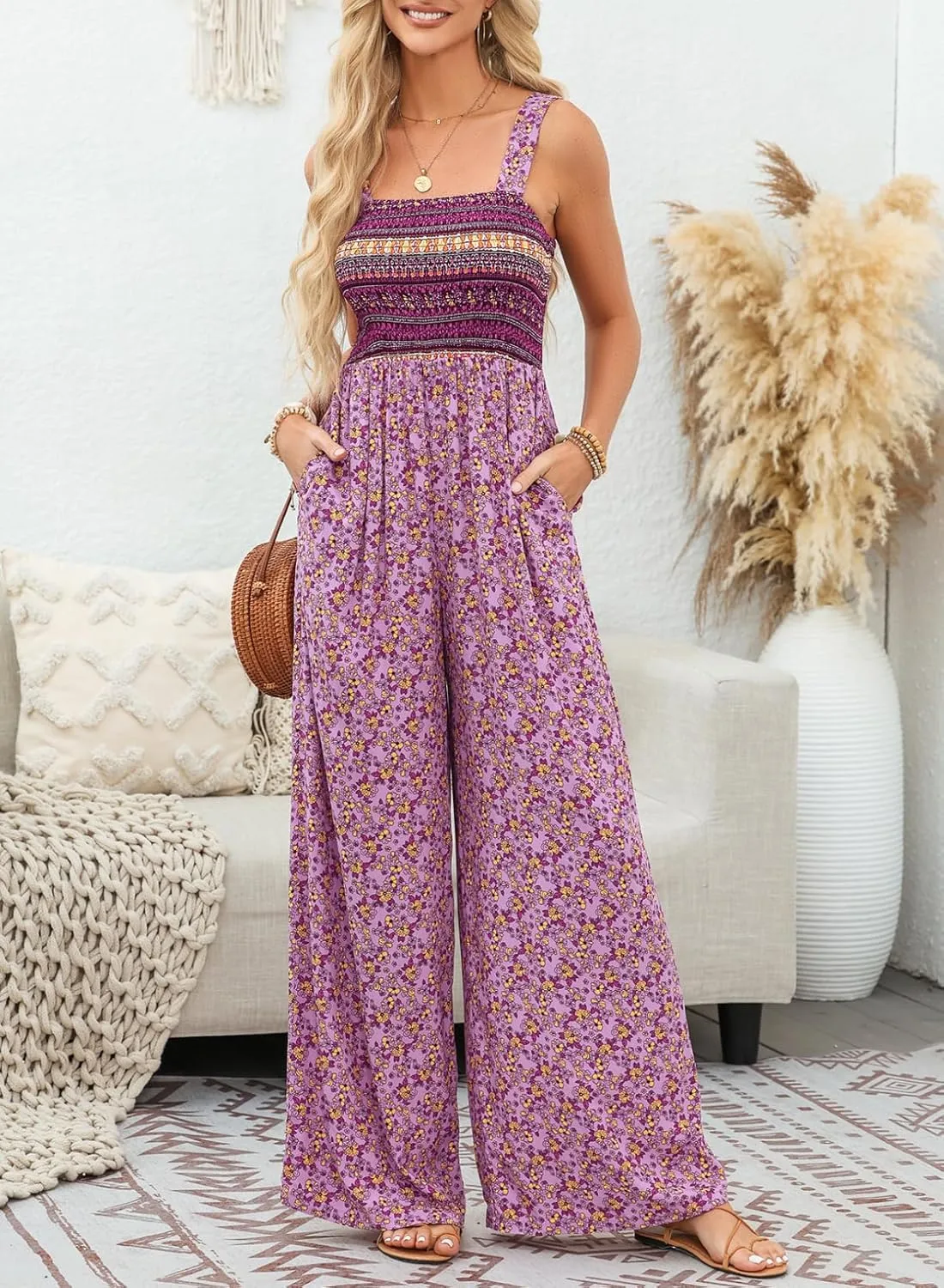 Happy Sailed Jumpsuits for Women Summer Casual Floral Print Sleeveless Jumpsuit High Waist Wide Leg Pants Romper with Pockets