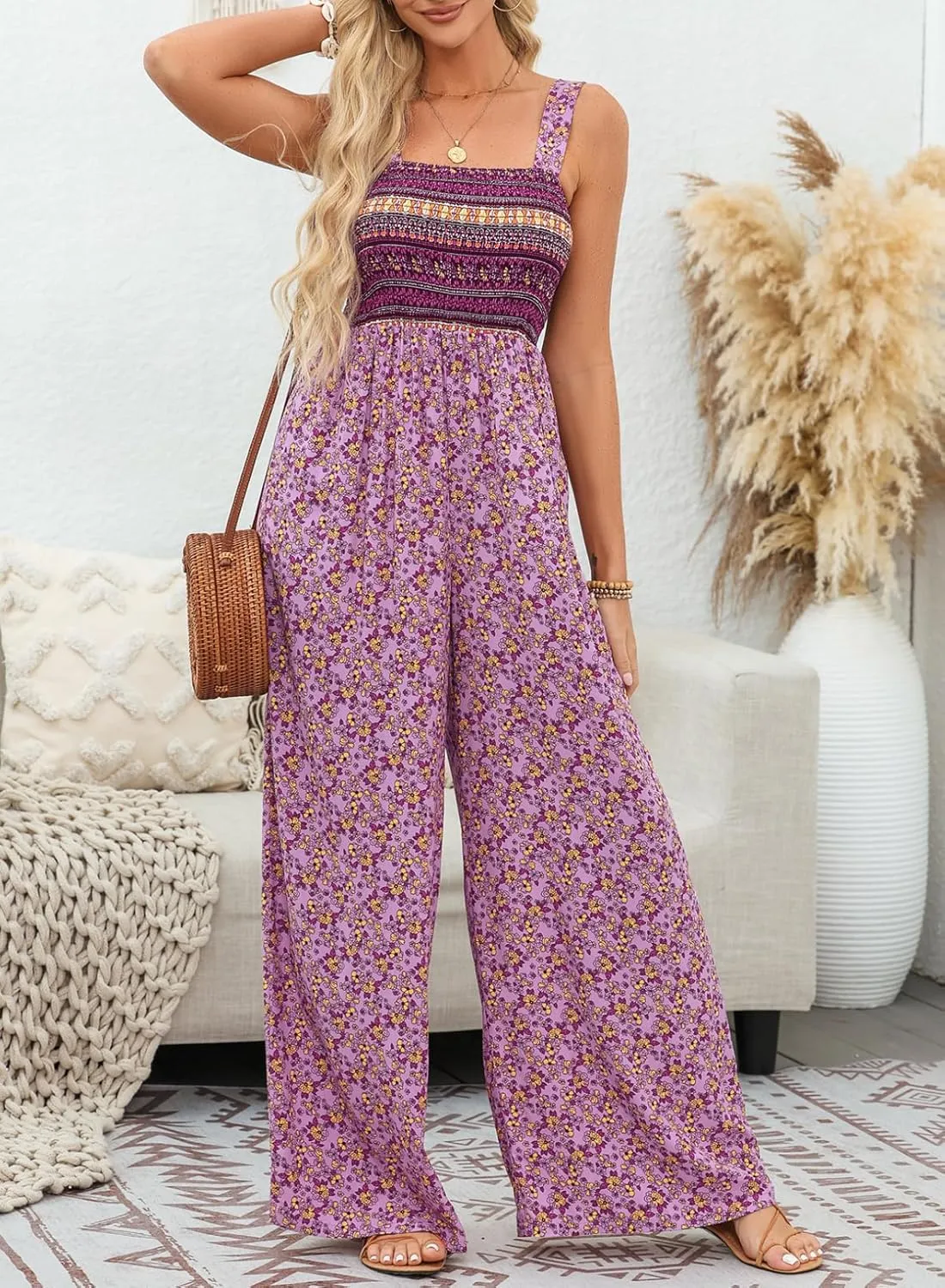 Happy Sailed Jumpsuits for Women Summer Casual Floral Print Sleeveless Jumpsuit High Waist Wide Leg Pants Romper with Pockets
