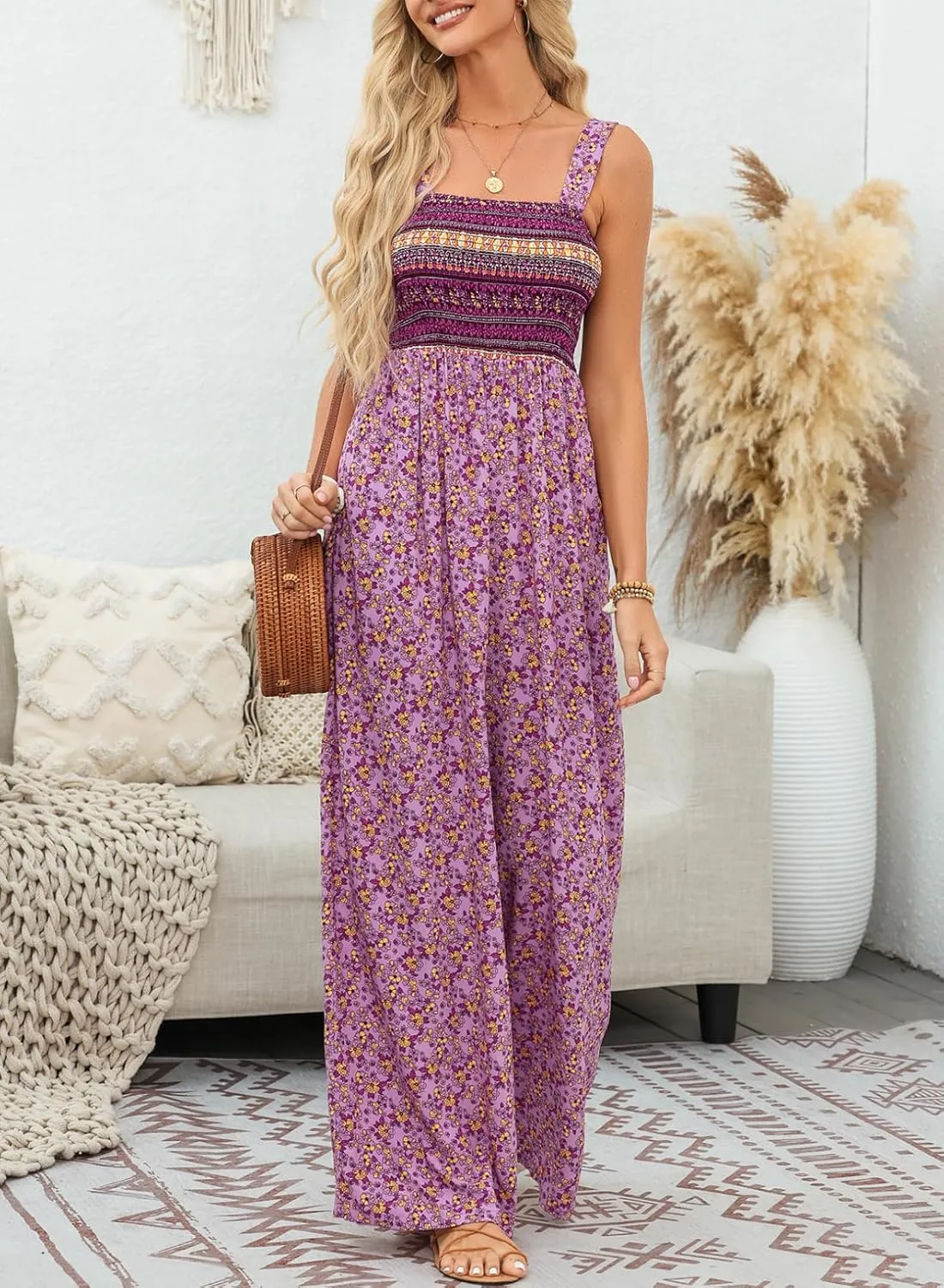 Happy Sailed Jumpsuits for Women Summer Casual Floral Print Sleeveless Jumpsuit High Waist Wide Leg Pants Romper with Pockets