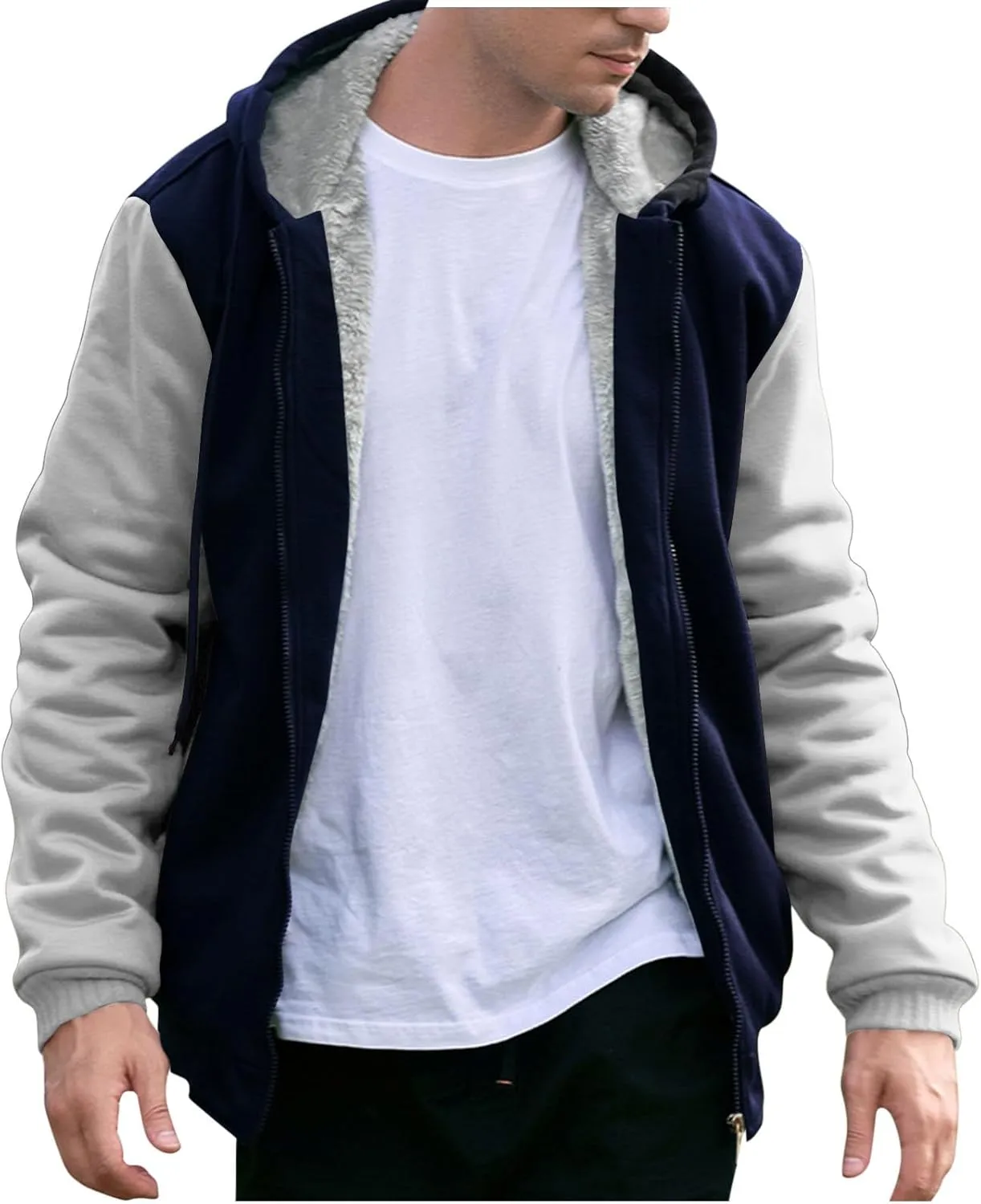 Heavyweight Fleece Hoodies for Men Full Zip Thick Sherpa Lined Sweatshirt Winter Warm Contrast Jackets with Pockets