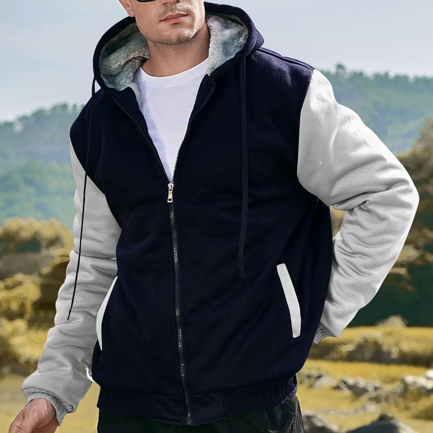 Heavyweight Fleece Hoodies for Men Full Zip Thick Sherpa Lined Sweatshirt Winter Warm Contrast Jackets with Pockets