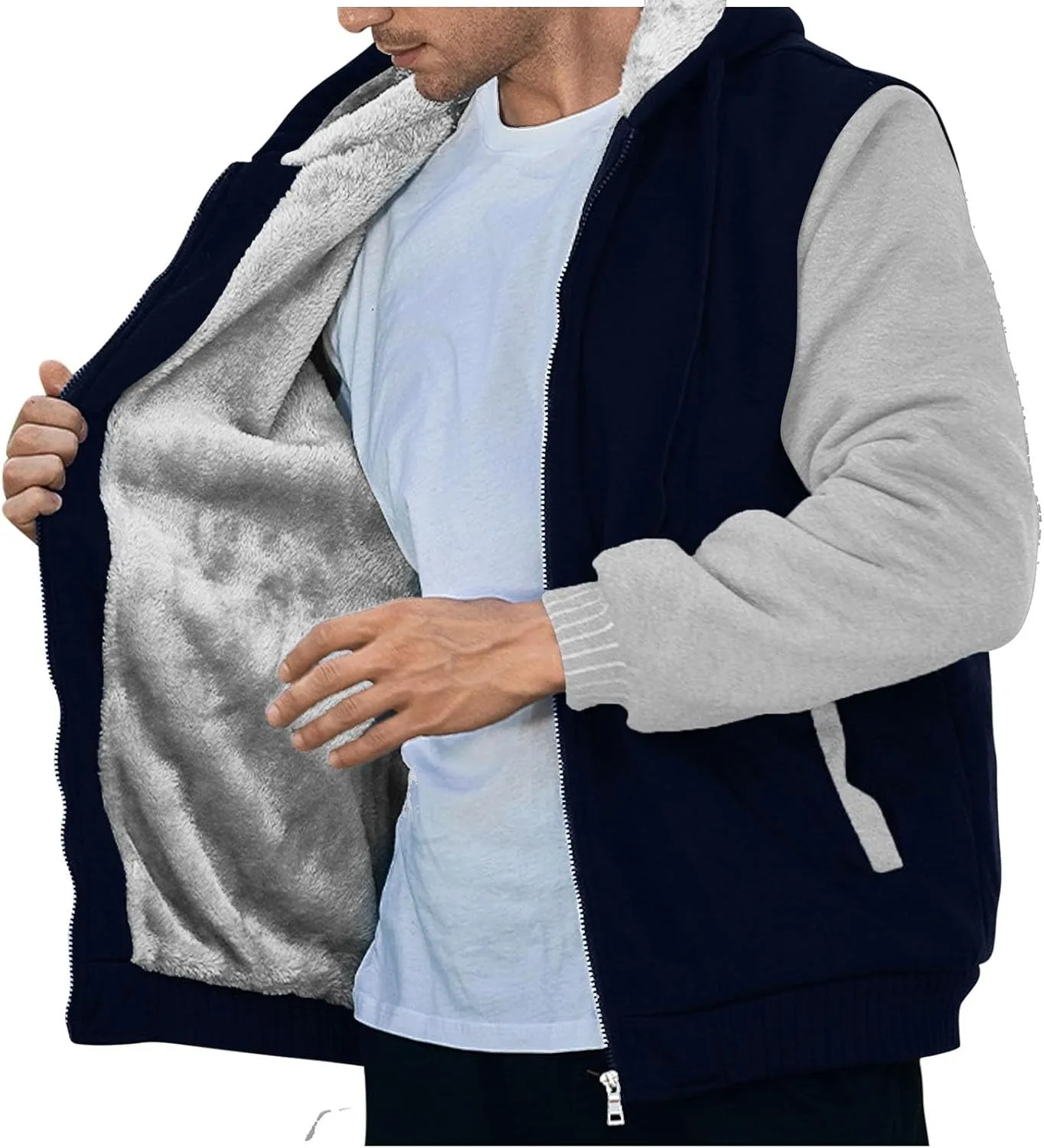 Heavyweight Fleece Hoodies for Men Full Zip Thick Sherpa Lined Sweatshirt Winter Warm Contrast Jackets with Pockets
