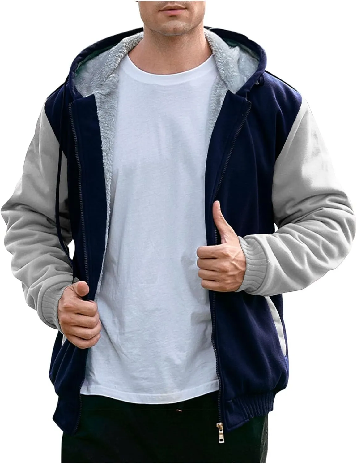 Heavyweight Fleece Hoodies for Men Full Zip Thick Sherpa Lined Sweatshirt Winter Warm Contrast Jackets with Pockets