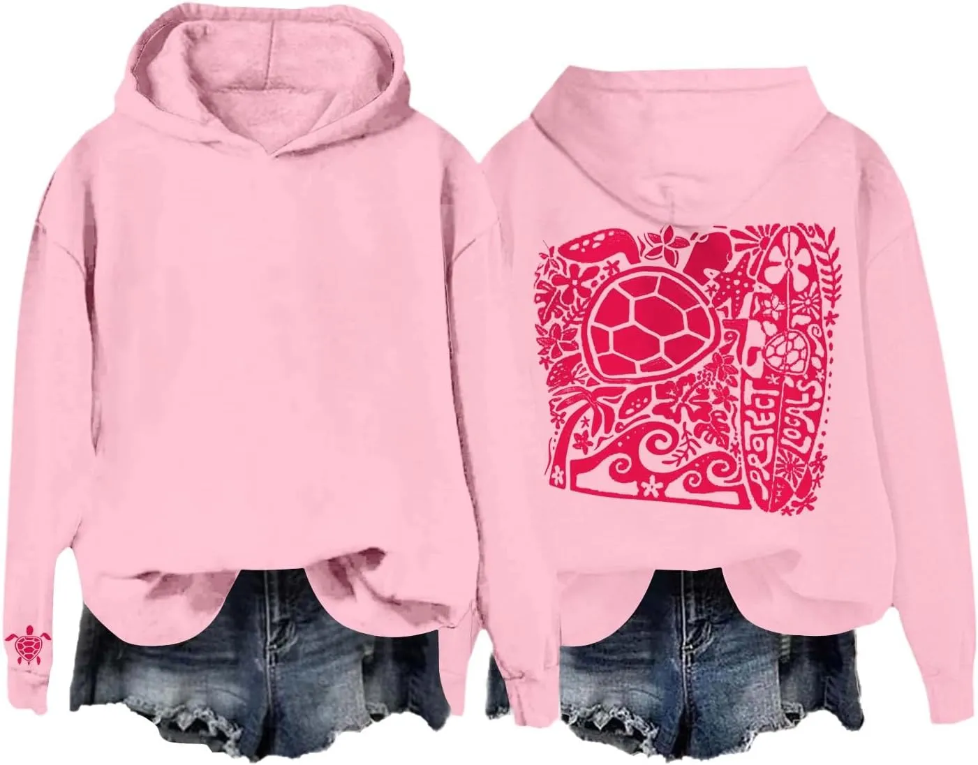 Heevina Pink Palm Puff Hoodie Women Turtle Starfish Surfboard Floral Top Hooded Sweatshirt