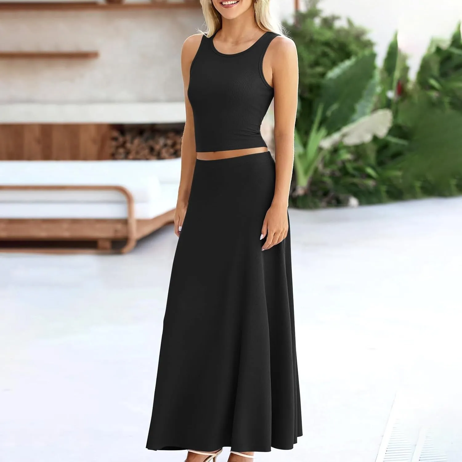 HGps8w Womens 2 Piece Outfits Knitted Casual Summer Fitted Cropped Tank Top with High Waisted Long Skirt Loungewear Sets