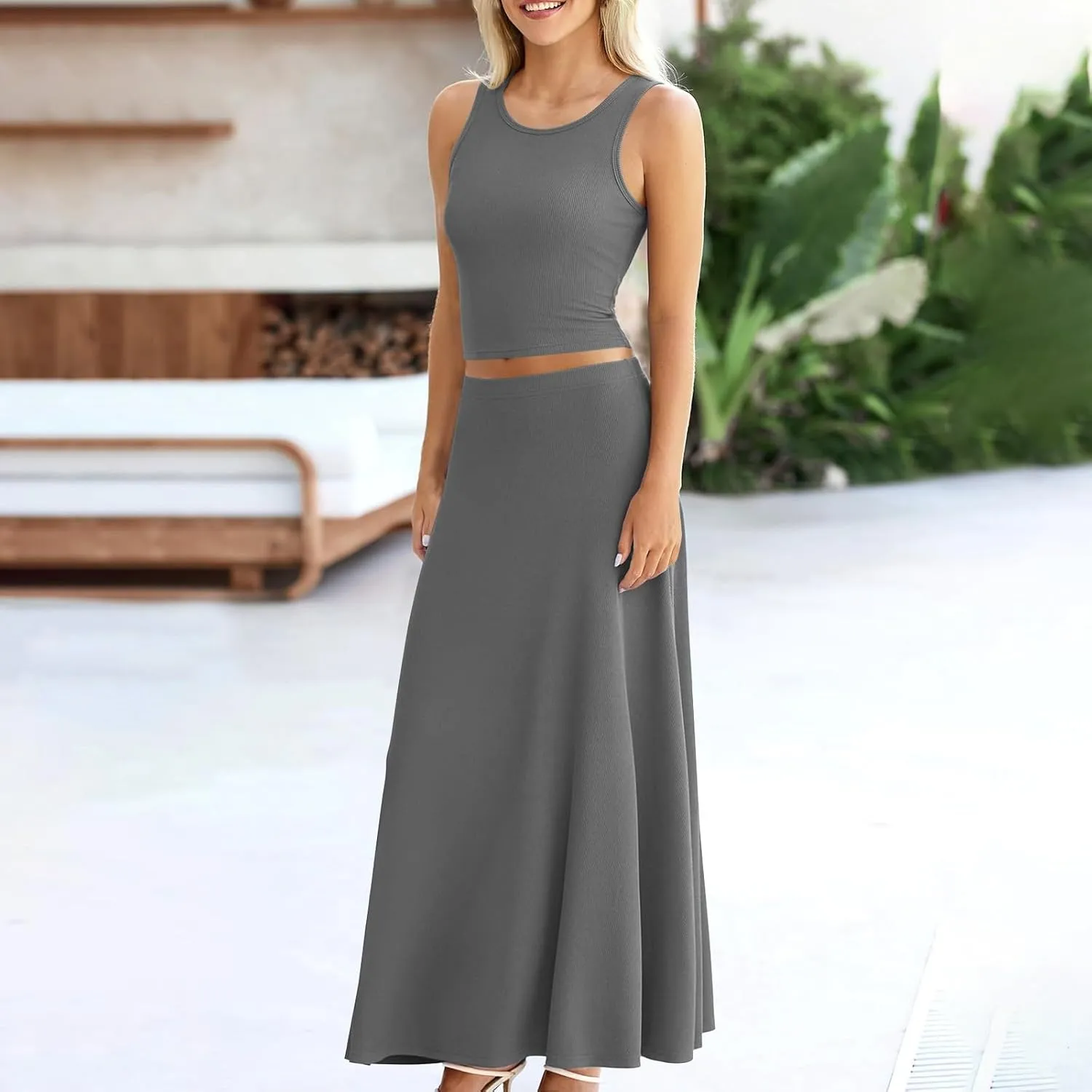 HGps8w Womens 2 Piece Outfits Knitted Casual Summer Fitted Cropped Tank Top with High Waisted Long Skirt Loungewear Sets