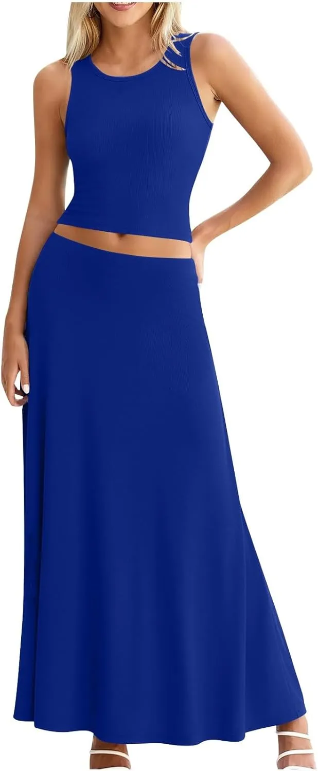 HGps8w Womens 2 Piece Outfits Knitted Casual Summer Fitted Cropped Tank Top with High Waisted Long Skirt Loungewear Sets