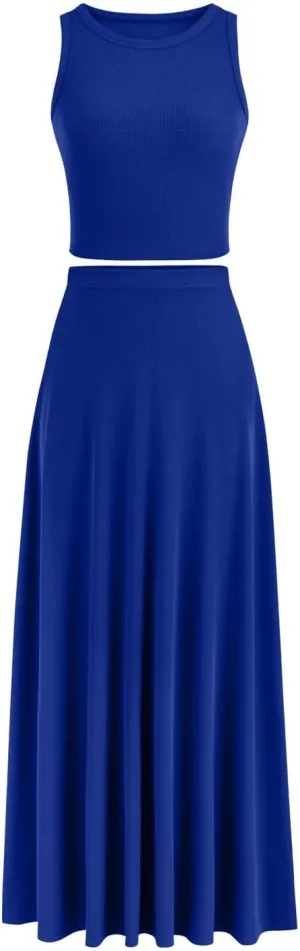 HGps8w Womens 2 Piece Outfits Knitted Casual Summer Fitted Cropped Tank Top with High Waisted Long Skirt Loungewear Sets