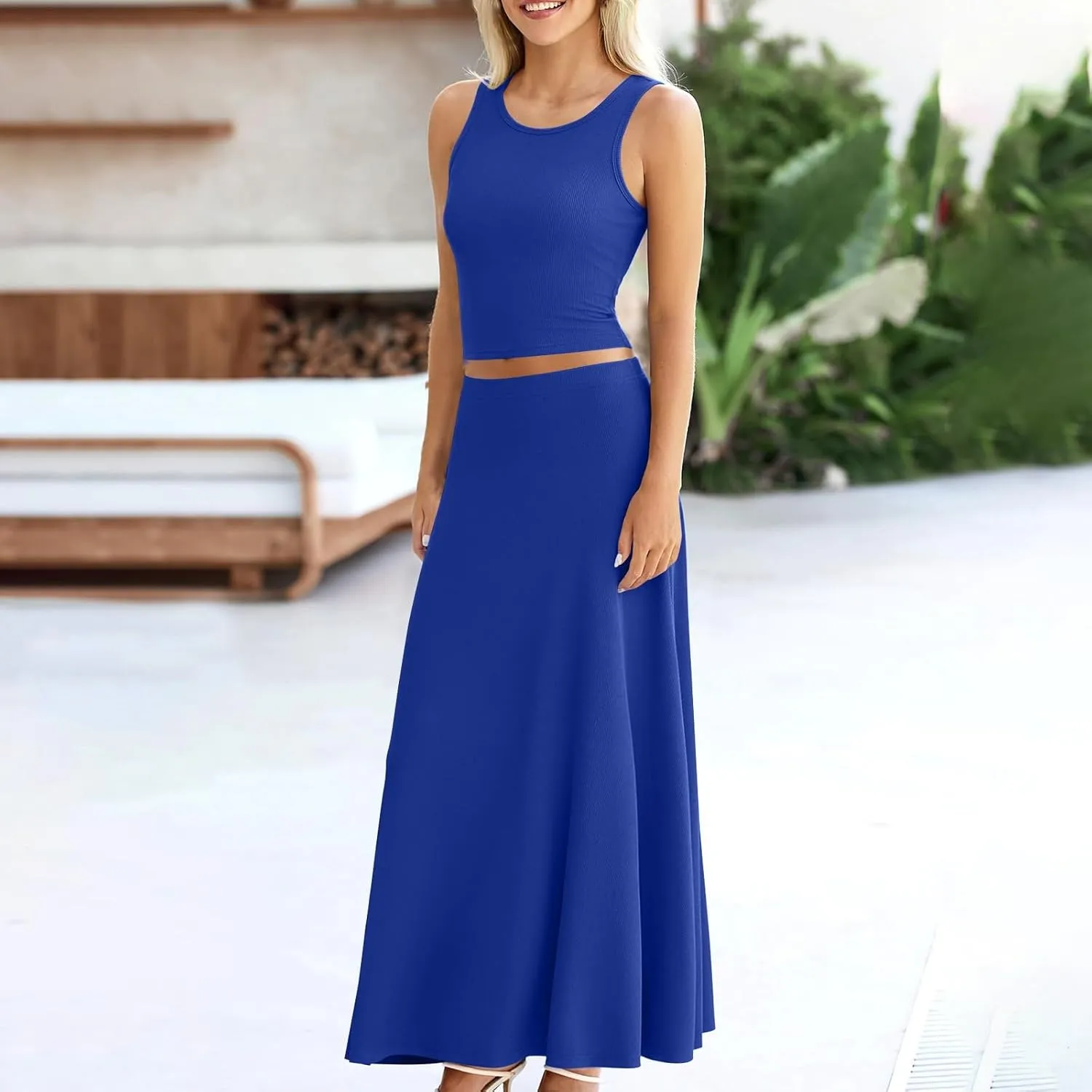 HGps8w Womens 2 Piece Outfits Knitted Casual Summer Fitted Cropped Tank Top with High Waisted Long Skirt Loungewear Sets
