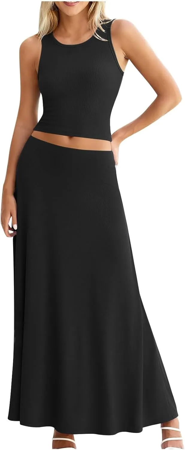 HGps8w Womens 2 Piece Outfits Knitted Casual Summer Fitted Cropped Tank Top with High Waisted Long Skirt Loungewear Sets