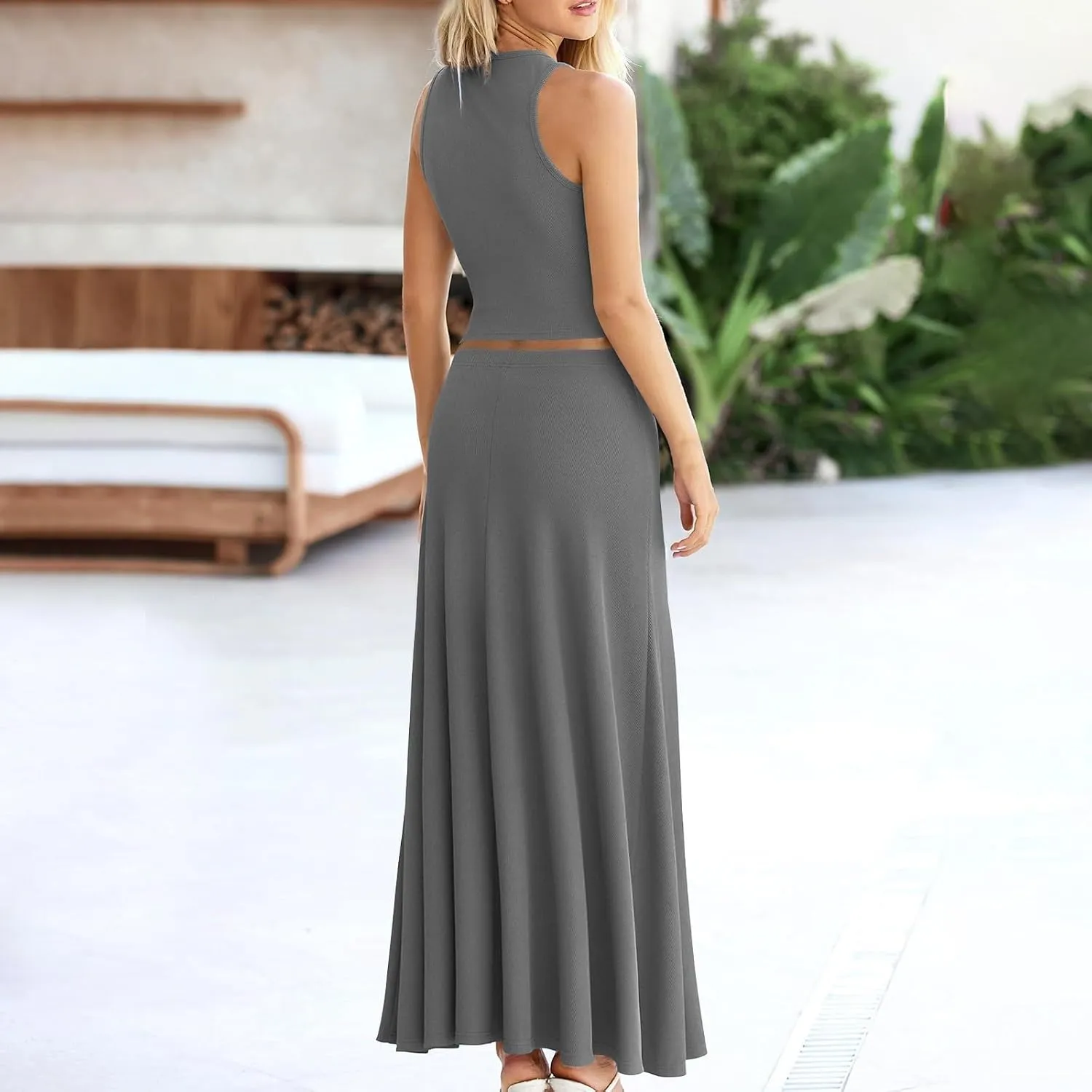 HGps8w Womens 2 Piece Outfits Knitted Casual Summer Fitted Cropped Tank Top with High Waisted Long Skirt Loungewear Sets