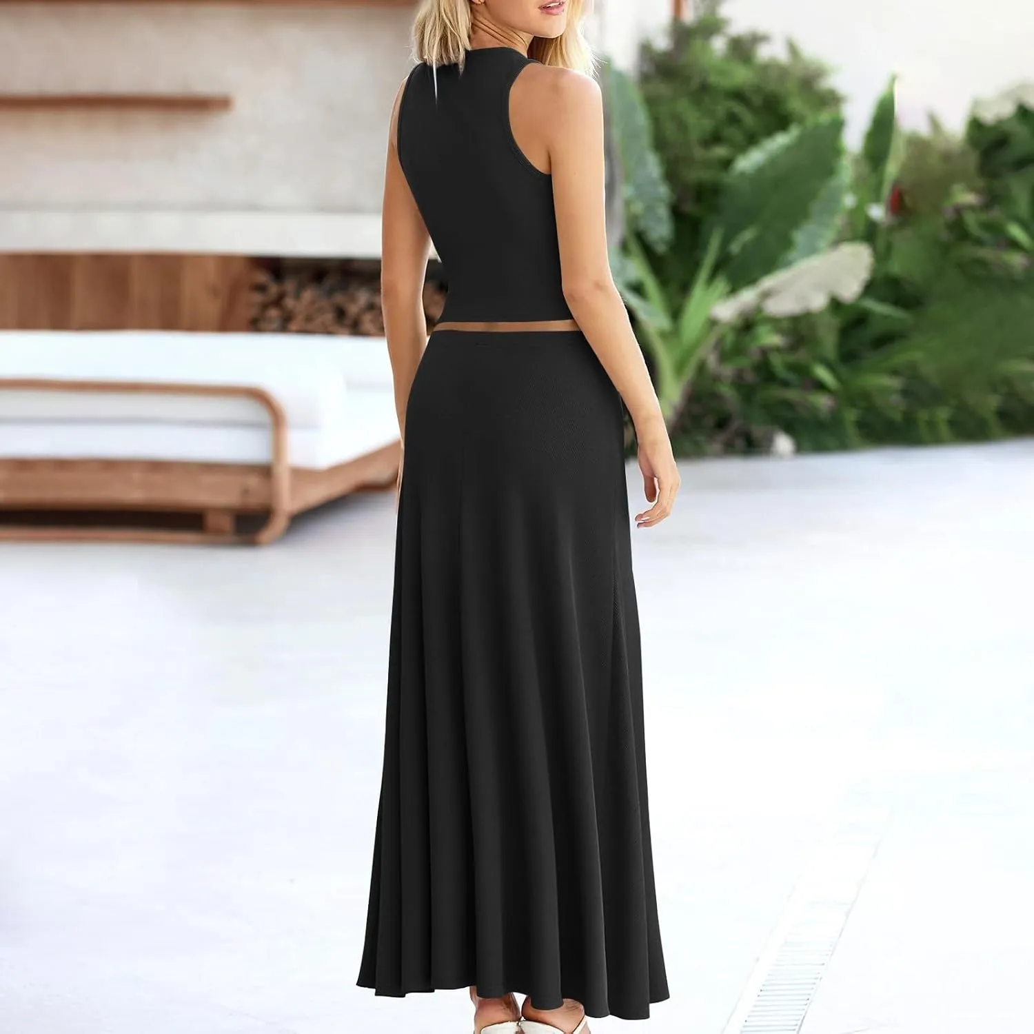 HGps8w Womens 2 Piece Outfits Knitted Casual Summer Fitted Cropped Tank Top with High Waisted Long Skirt Loungewear Sets