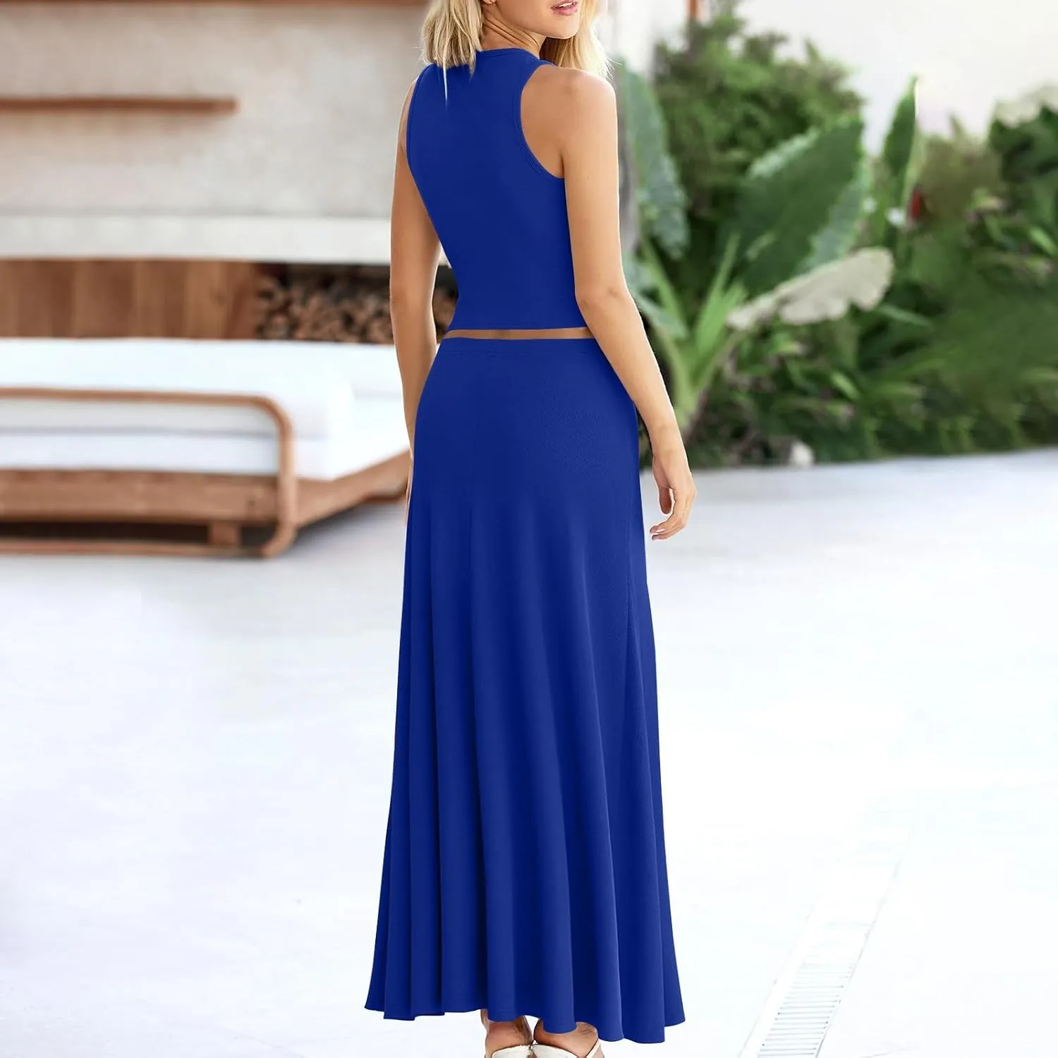 HGps8w Womens 2 Piece Outfits Knitted Casual Summer Fitted Cropped Tank Top with High Waisted Long Skirt Loungewear Sets