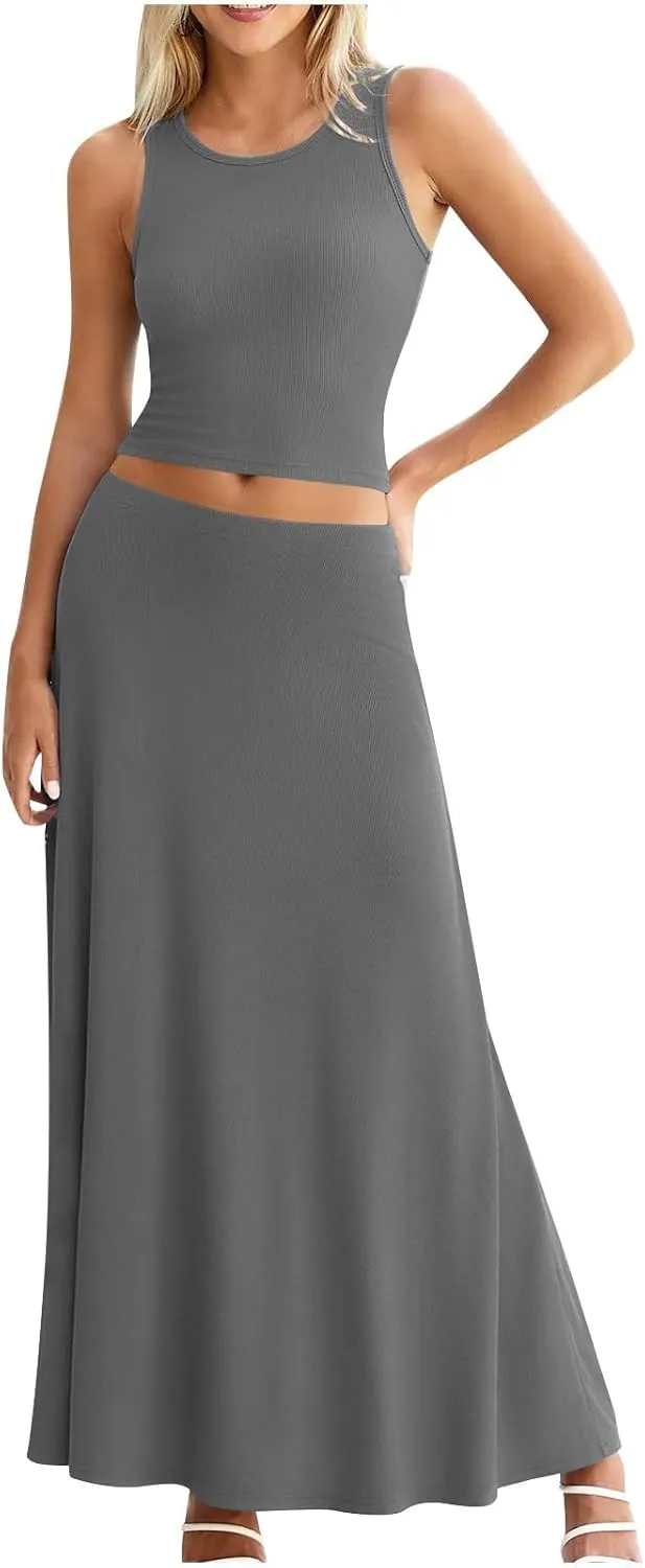 HGps8w Womens 2 Piece Outfits Knitted Casual Summer Fitted Cropped Tank Top with High Waisted Long Skirt Loungewear Sets