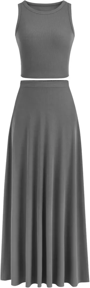 HGps8w Womens 2 Piece Outfits Knitted Casual Summer Fitted Cropped Tank Top with High Waisted Long Skirt Loungewear Sets