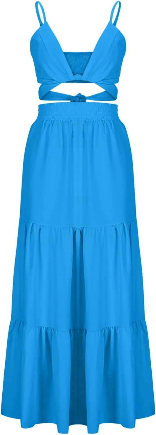 HGps8w Womens 2 Piece Outfits Sexy V Neck Crop Cami Top and High Waisted Tiered Maxi Skirt Elegant Swing Beach Dress Sets