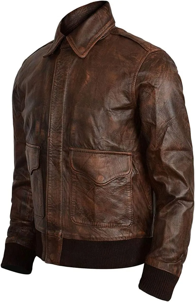 Hide & Seek Mens A2 Aviator Air Force Cockpit Vintage Bomber Military Flight Pilot WWII Distressed Real Leather Jacket