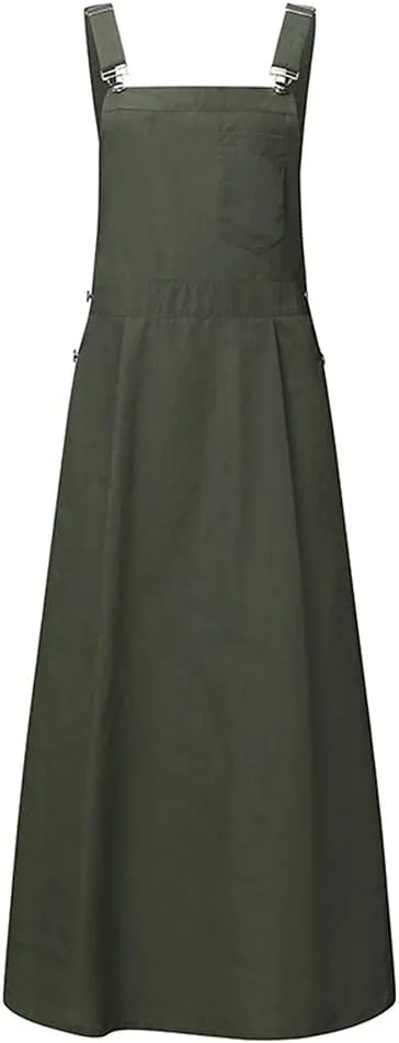 Hotmiss Women's Adjustable Strap A-Line Pinafore Bib Maxi Long Overall Dress