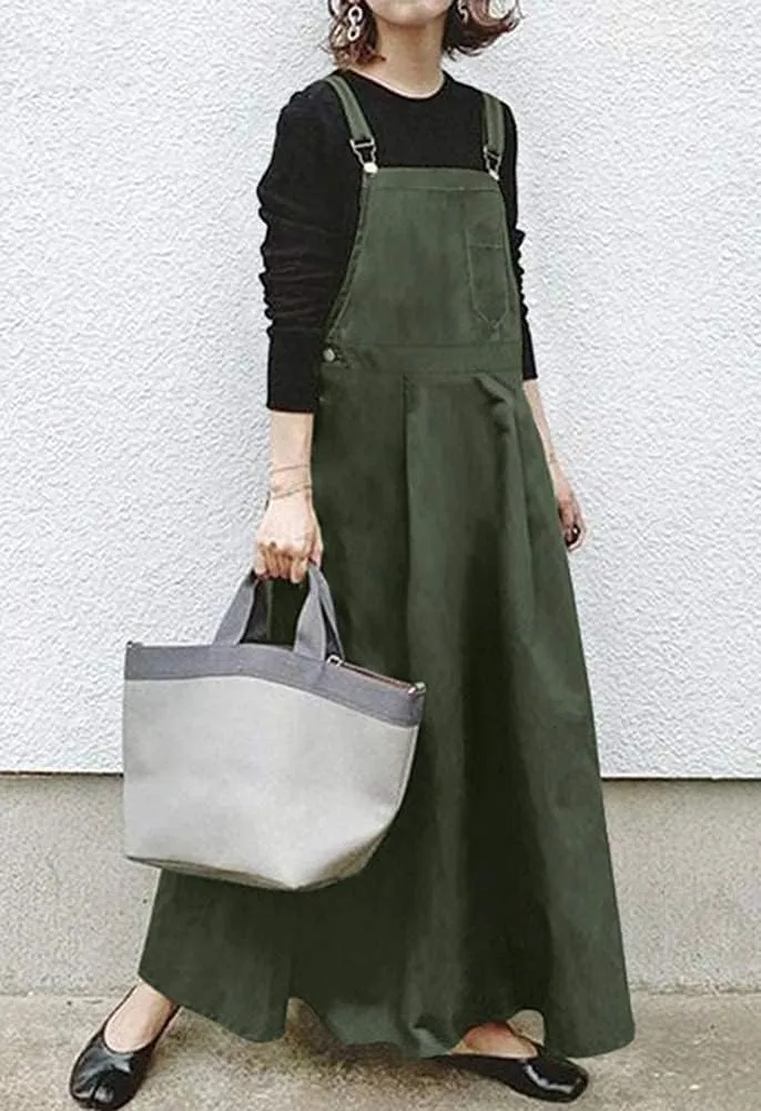 Hotmiss Women's Adjustable Strap A-Line Pinafore Bib Maxi Long Overall Dress