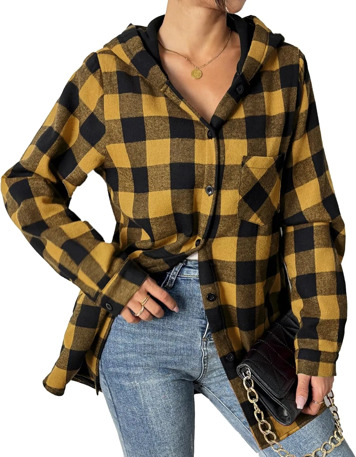 HOTOUCH Women Flannel Fleece Shacket Jacket Plaid Button Down Long Sleeve Shirt 2024 Fall Winter Outfits Clothes with Hooded