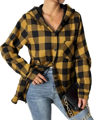 HOTOUCH Women Flannel Fleece Shacket Jacket Plaid Button Down Long Sleeve Shirt 2024 Fall Winter Outfits Clothes with Hooded