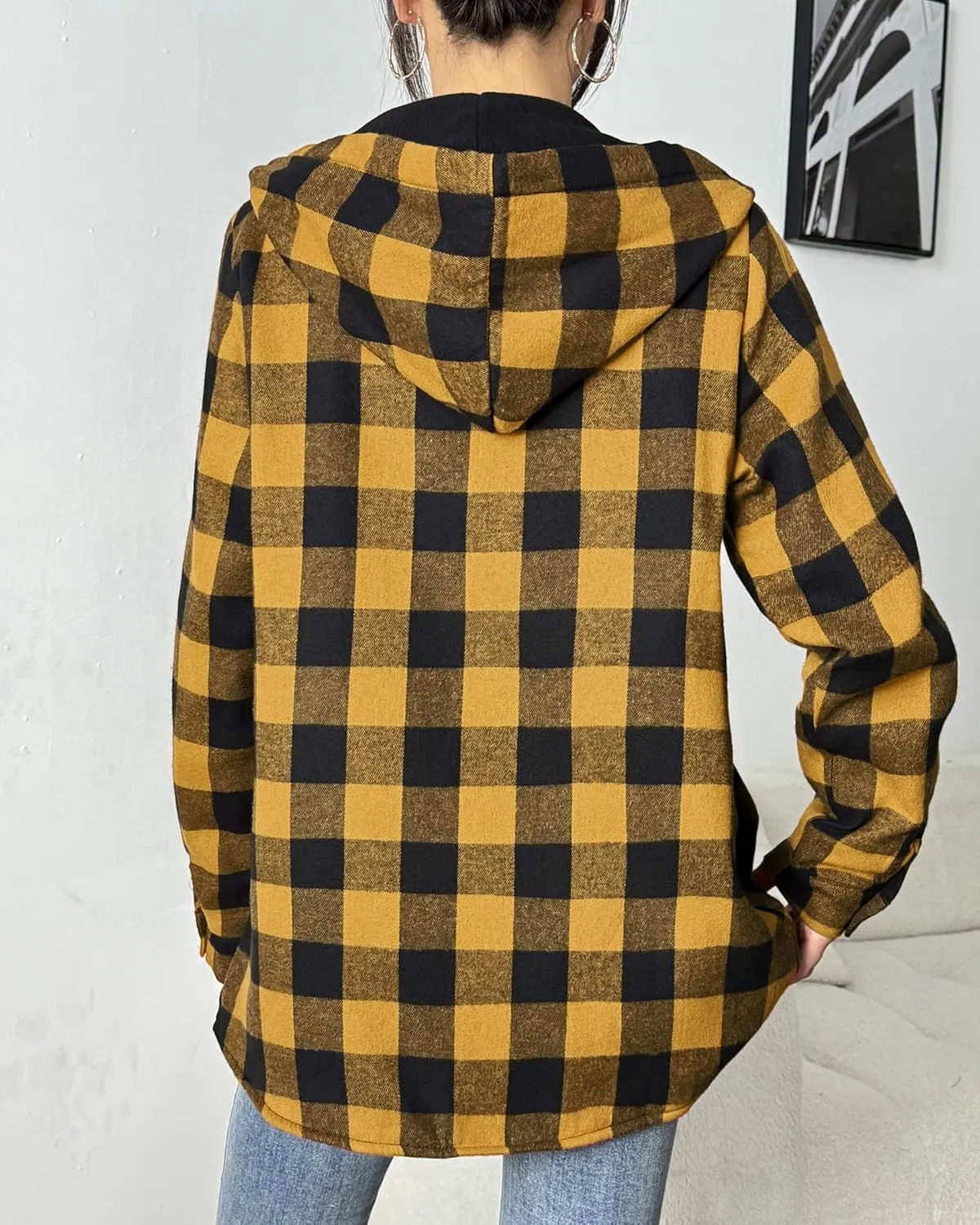 HOTOUCH Women Flannel Fleece Shacket Jacket Plaid Button Down Long Sleeve Shirt 2024 Fall Winter Outfits Clothes with Hooded